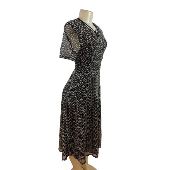 Vintage-Inspired Black & Beige Floral Midi Dress With Sheer Sleeves & Tie-Back - Picture 3 of 7
